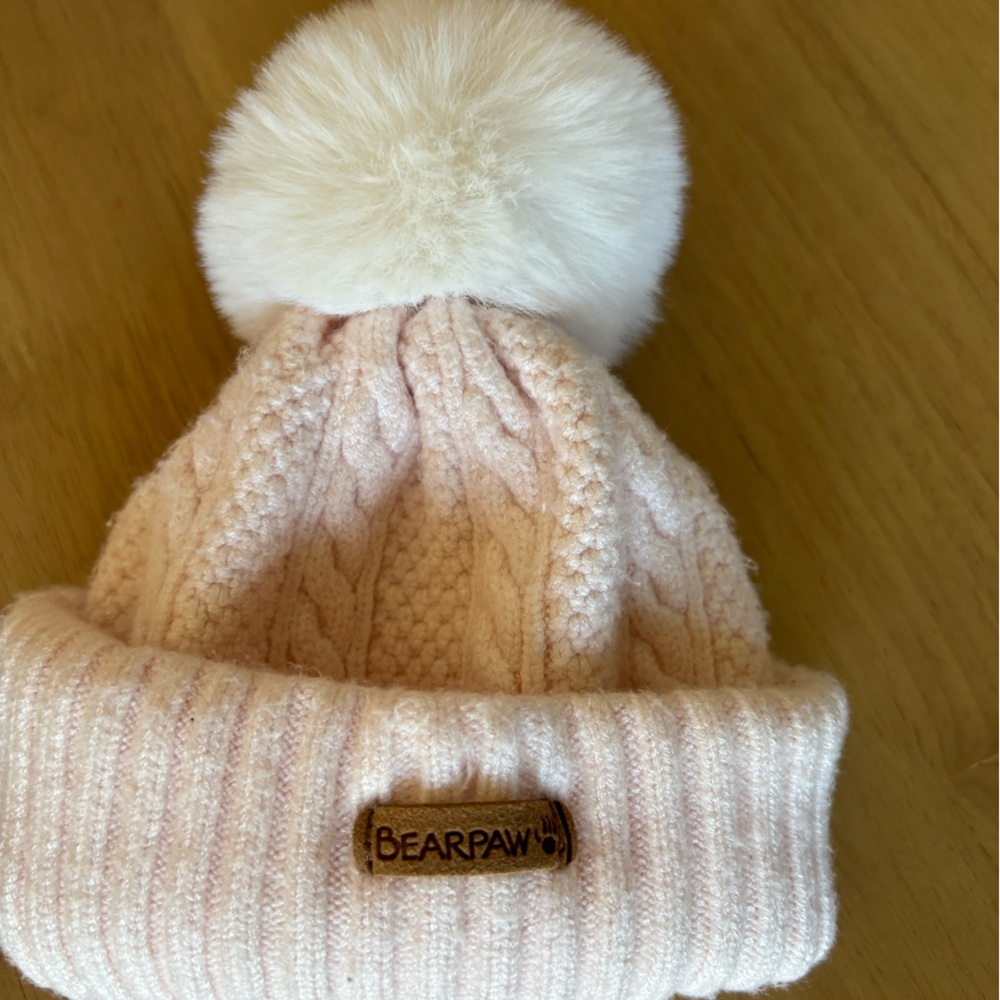 BearPaw Kids Light Pink Cable Knit Beanie with Cream Pom